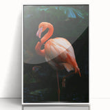 Framed wall art featuring a vibrant flamingo design on acrylic, showcasing a modern aesthetic with a sleek white frame, ideal for contemporary decor.