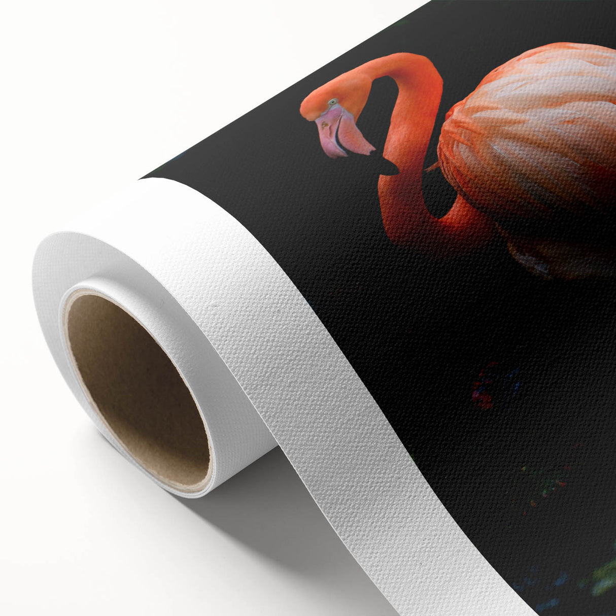 Vibrant rolled canvas print showcasing a whimsical flamingo design, perfect for adding a tropical flair to home decor. Ideal for art lovers seeking a colorful accent piece.