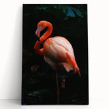 Vibrant flamingo wall art design on stretched canvas, showcasing intricate pink and green details, perfect for tropical-themed decor in modern interiors.