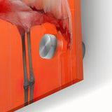Close-up of a vibrant flamingo wall art design showcasing bold pink hues and intricate details, set against a sleek acrylic glass background for a modern decor accent. Ideal for enhancing living spaces with tropical flair.