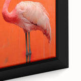 Close-up of a framed canvas wall art featuring vibrant pink flamingos against a tropical backdrop, showcasing intricate details and lively colors, perfect for home decor.