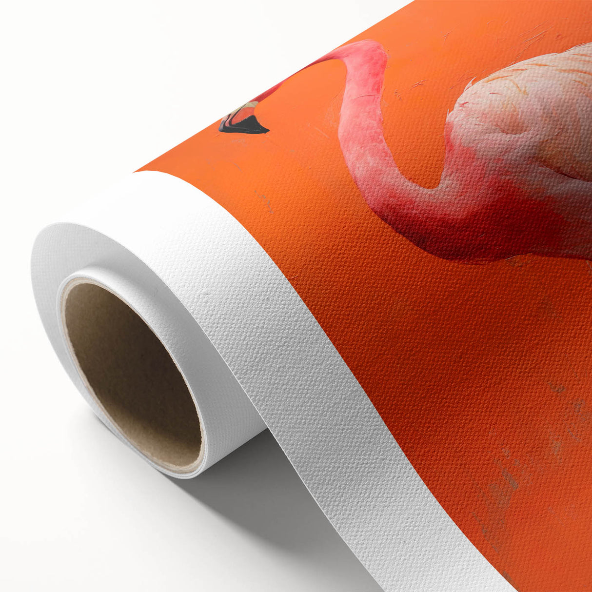 Bright and colorful rolled canvas artwork featuring a vibrant flamingo design, ideal for enhancing modern home decor. Perfect for art lovers or tropical-themed spaces.