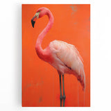 Stretched canvas wall art featuring a vibrant flamingo design in pink and orange hues, perfect for adding a tropical touch to home decor.
