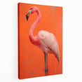 Stretched canvas artwork featuring a vibrant flamingo design in pink and orange hues, set against a minimalist white background, perfect for modern decor.