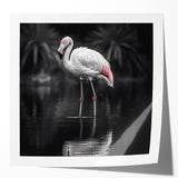 Vibrant flamingo-themed wall art print showcasing colorful tropical designs on a glossy finish, perfect for adding a lively touch to home decor.