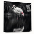 Side view of a vibrant flamingo design wall art piece in acrylic glass, showcasing intricate details and colorful tropical hues, ideal for home decor.