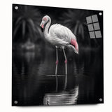 Side view of a vibrant flamingo design wall art piece in acrylic glass, showcasing intricate details and colorful tropical hues, ideal for home decor.
