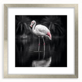 Flamingo-themed wall art framed in silver, showcasing vibrant pink and green colors against a white background, perfect for adding a tropical touch to home decor.