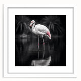 Framed wall art showcasing a vibrant flamingo design, featuring a white mat and sleek frame, perfect for adding a tropical touch to home decor.