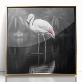Framed wall art featuring a vibrant flamingo design in pink and gold, set in an elegant acrylic frame, perfect for adding a tropical touch to home decor.