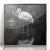 Framed wall art showcasing a vibrant flamingo design in an elegant silver-acrylic frame, perfect for enhancing modern decor with a touch of tropical style.