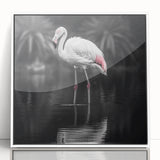 Framed wall art featuring a vibrant flamingo design in a white acrylic frame, showcasing tropical colors and modern aesthetics, perfect for home decor enhancement.