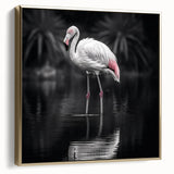 Framed canvas wall art featuring a vibrant flamingo design in gold tones, showcasing elegant tropical aesthetics, perfect for home decor enhancement.