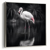 Framed canvas wall art featuring a vibrant flamingo design in a sleek silver frame, showcasing tropical colors and textures, perfect for home decor.