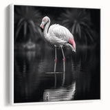 Framed canvas wall art featuring a vibrant flamingo design, showcasing pink and white hues, elegantly displayed against a white background. Perfect for stylish home decor.