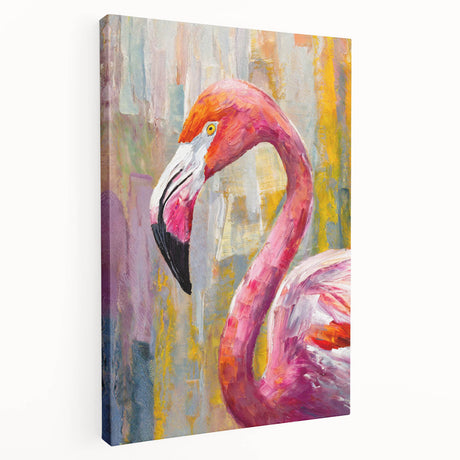 Flamingo-themed wall art on stretched canvas showcasing vibrant pink and green colors, ideal for tropical decor, enhancing any living space with a lively touch.