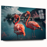 Flamingo-themed wall art design featuring vibrant pink and green colors on acrylic glass, elegantly displayed from a side view, ideal for modern home decor.