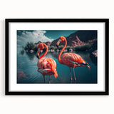 Framed wall art featuring a vibrant flamingo design with a black frame and mat, ideal for modern home decor, adding a tropical touch to any room.