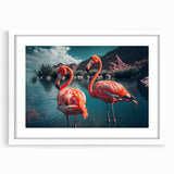 Framed wall art showcasing a vibrant flamingo design in soft pinks and greens, elegantly displayed with a white mat, perfect for tropical-themed decor.