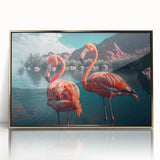 Framed wall art featuring a vibrant flamingo design with a gold-accented frame, showcasing a tropical theme suitable for modern decor. Ideal for enhancing living spaces or offices.