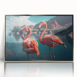 Framed wall art featuring a vibrant flamingo design in shades of pink and silver, elegantly displayed with an acrylic front for a modern touch. Perfect for enhancing home decor with a tropical flair.