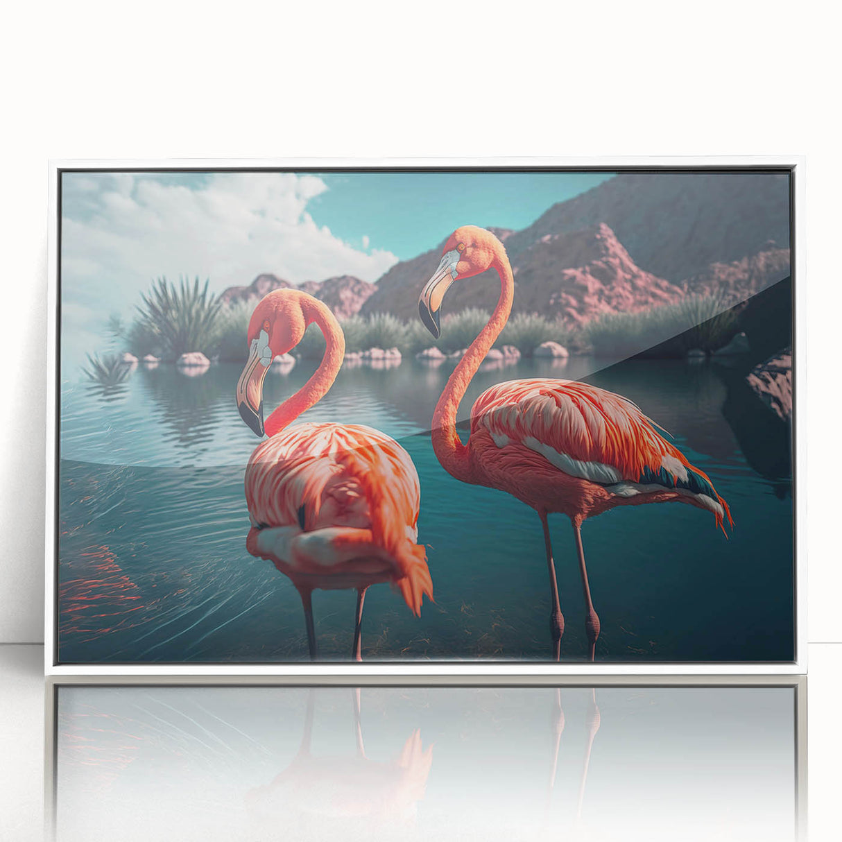 Framed wall art featuring a vibrant flamingo design in soft pink and white tones, set against an elegant white background, perfect for modern interior decor.