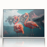 Framed wall art featuring a vibrant flamingo design in soft pink and white tones, set against an elegant white background, perfect for modern interior decor.