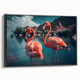 Framed canvas wall art showcasing a vibrant flamingo design in pink and black, viewed from the side, ideal for modern interior decor. Perfect for nature enthusiasts.
