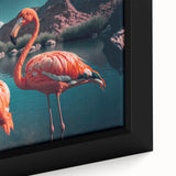 Close-up of a vibrant flamingo-themed wall art design on a framed canvas, showcasing intricate details and vivid colors, ideal for home decor enhancement.