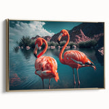 Framed wall art featuring a stylish flamingo design, set against a gold background, showcasing elegant tropical aesthetics perfect for modern decor.