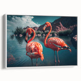Framed canvas wall art featuring a vibrant flamingo design in a minimalist white frame, showcasing tropical colors and a contemporary aesthetic, perfect for home decor.