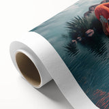 Vibrant rolled canvas featuring a colorful flamingo design, showcasing intricate details and tropical hues, perfect for enhancing modern home decor.