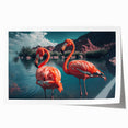 Flamingo-themed wall art print featuring vibrant pink and green colors, designed for modern decor. This rolled artwork adds a tropical touch to any space.