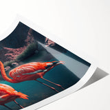 Flamingo-themed wall art print showcasing vibrant pink and green colors, featuring a tropical design ideal for home decor, rolled and ready for framing.