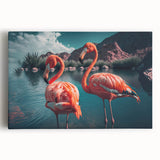 Stretched canvas artwork showcasing a vibrant flamingo design with tropical foliage, perfect for brightening up any room or office space.