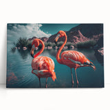 Stretched canvas featuring a vibrant flamingo design wall art collection, showcasing pink flamingos amidst lush tropical foliage, perfect for home decor.