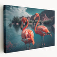 Stretched canvas wall art showcasing a vibrant flamingo design in pastel colors, elegantly framed for wall display, ideal for tropical-themed decor.