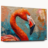 Vibrant wall art collection featuring a side view of a flamingo design printed on acrylic glass, showcasing vivid colors and intricate details, perfect for modern decor.