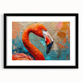 Framed wall art featuring a vibrant flamingo design, set in a sleek black frame with a mat, perfect for modern home decor and tropical-themed interiors.