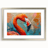 Framed wall art featuring a stylish flamingo design in soft pink and white hues, elegantly matted and enclosed in a sleek silver frame, perfect for modern decor.