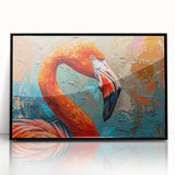 Framed wall art featuring a vibrant flamingo design on acrylic, showcasing a black frame and a sleek front view, perfect for modern home decor.