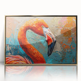Framed wall art featuring a vibrant flamingo design in pink and gold, set behind acrylic glass for a modern look. Ideal for tropical or coastal decor.