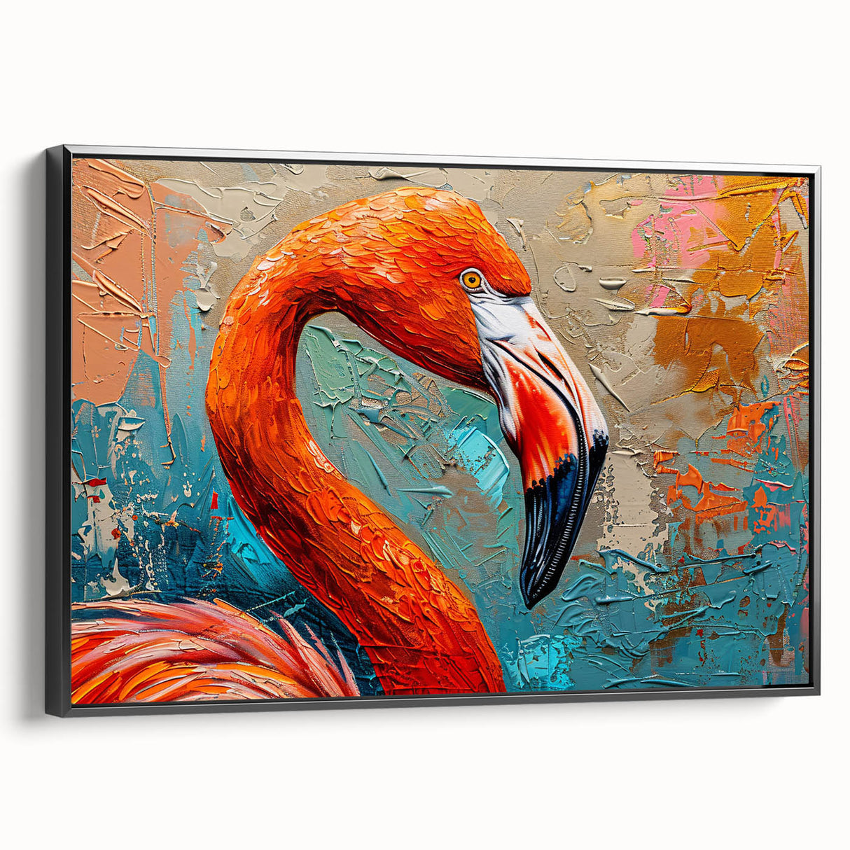 Framed canvas wall art featuring a vibrant flamingo design, showcasing intricate details and colors, with a sleek black frame, perfect for home decor.