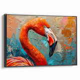 Framed canvas wall art featuring a vibrant flamingo design, showcasing intricate details and colors, with a sleek black frame, perfect for home decor.