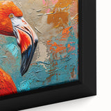 Close-up of a vibrant flamingo wall art design on framed canvas, showcasing intricate details and bright colors, perfect for tropical-themed decor.