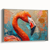 Framed canvas wall art featuring a vibrant flamingo design in shades of pink and silver, showcasing a modern decorative style perfect for contemporary interiors.
