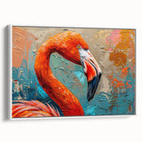 Framed canvas wall art featuring a vibrant flamingo design against a white background, showcasing a side view with elegant colors, ideal for tropical-themed decor.