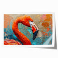 Vibrant flamingo wall art design featuring pink and green hues, perfect for tropical decor. Print is rolled and ready for framing, showcasing detailed illustrations.