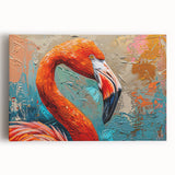 Stretched canvas wall art showcasing a vibrant flamingo design in pink and green hues, perfect for tropical-themed decor, enhancing living spaces with a stylish touch.