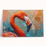 Flamingo-themed stretched canvas wall art featuring vibrant pink and green colors, elegantly leaning against a neutral backdrop, perfect for modern home decor.